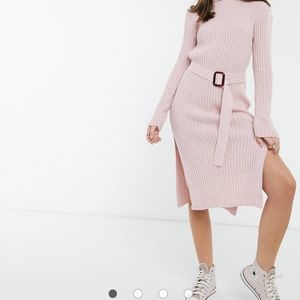 Asos Billie Faires roll neck knitted dress with belt in pink